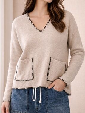 Christian Lacroix Contrast Stitch Sweater L Neutral Oversized Minimalist V Neck